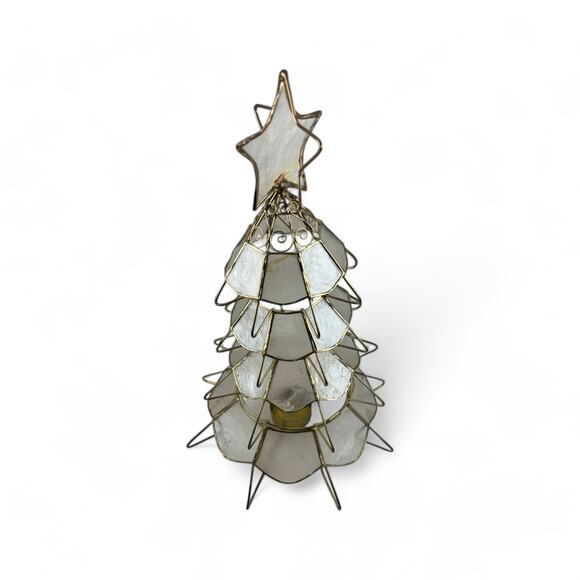 Vintage Capiz Shell Christmas Tree Candle Holder with Brass Frame Star Topper - Picture 11 of 16